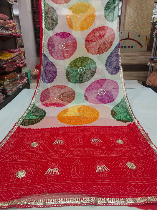 Red and Lime Green Spiral Shibori Saree