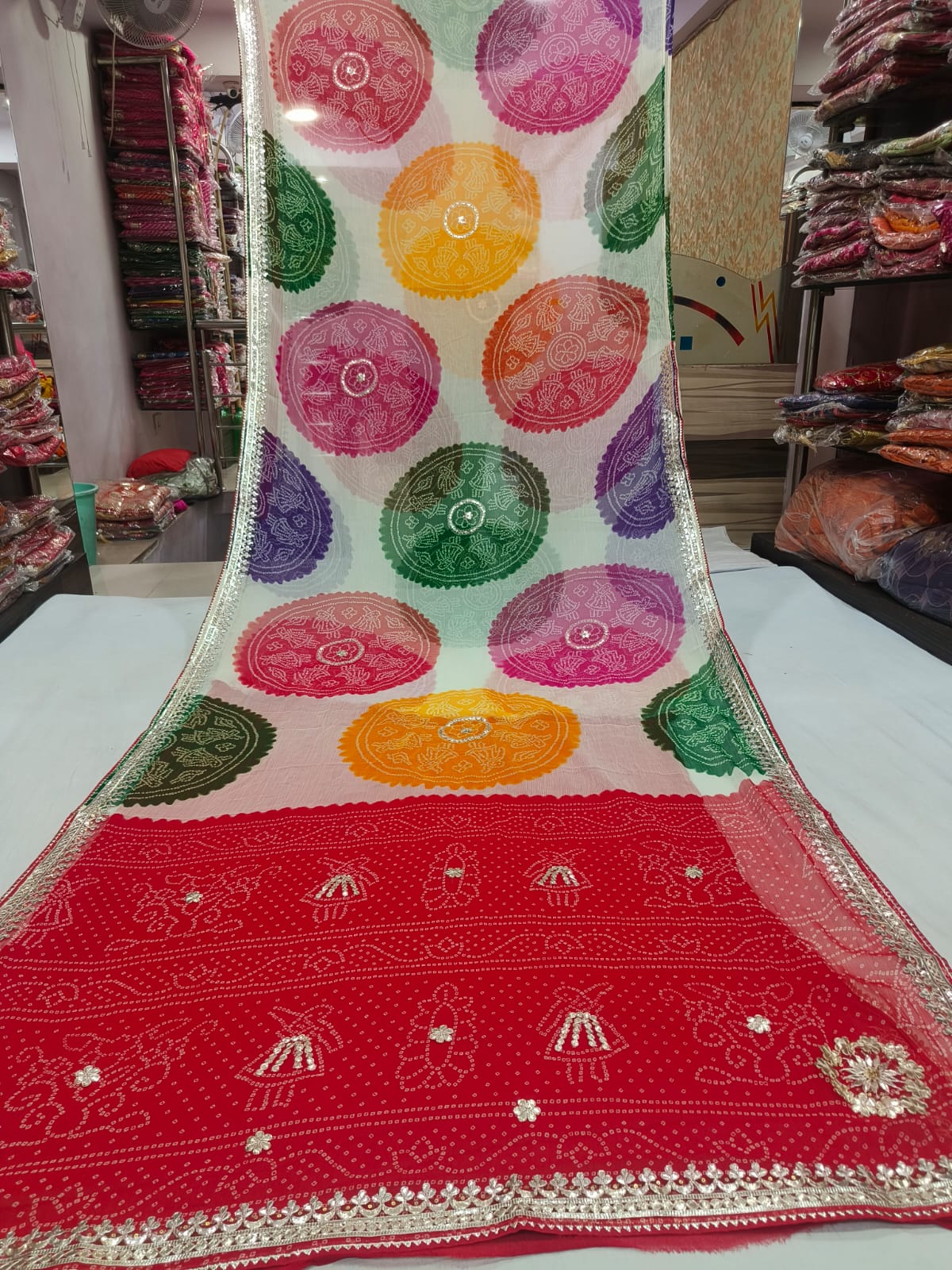 Deep Moss Green Marbled Shibori Saree with Traditional Gota Border