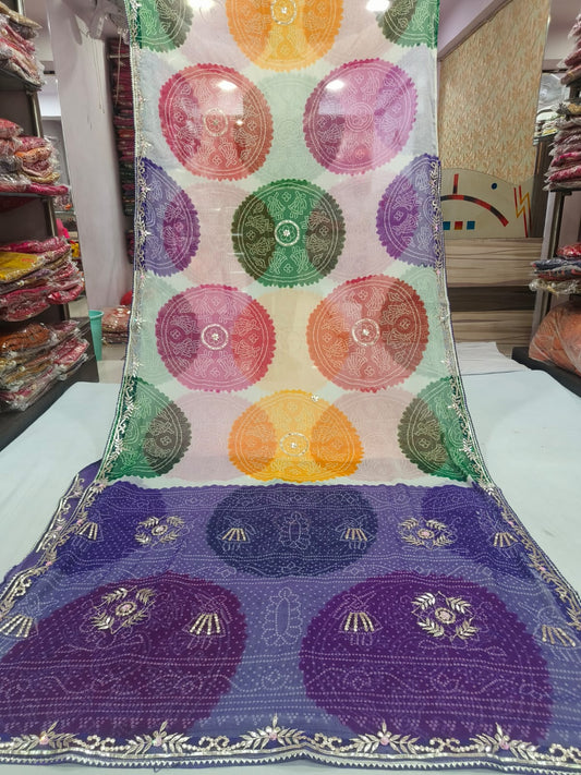 Electric Violet and Teal Cloud-Dye Saree with Ornate Gota Work