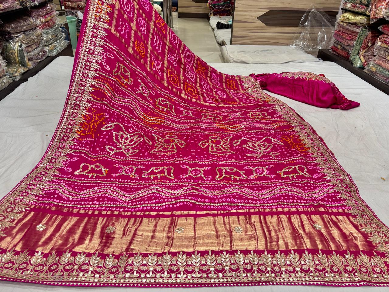 Rani Pink Gotta Patti Bandhani Saree