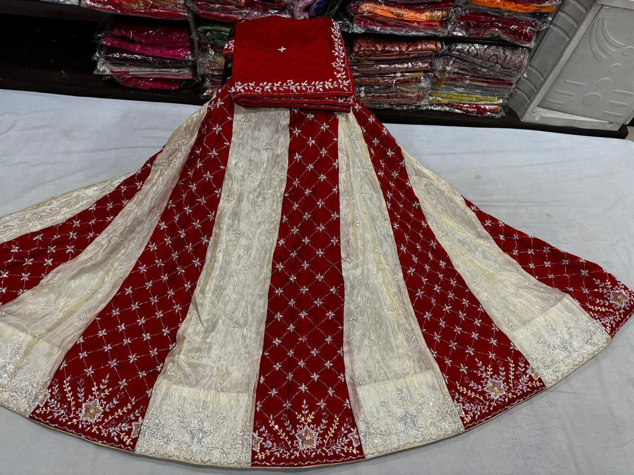 Designer Red & Cream Embroidered Lehenga Choli Set