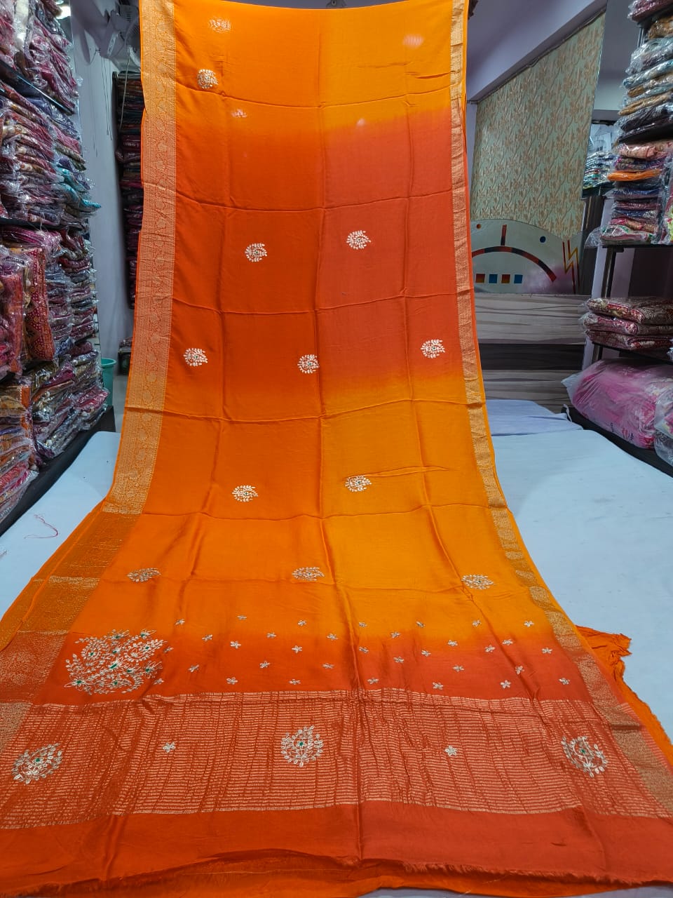 orange and yellow Banarasi Khaddi Chiffon saree