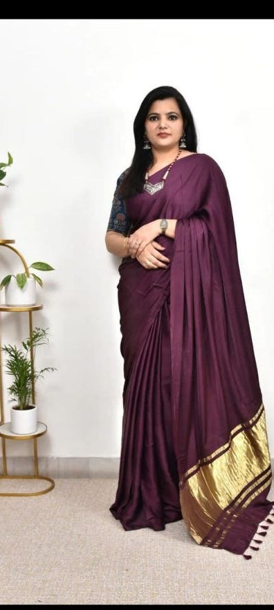Elegant Satin Silk Saree with Golden Border – 5 Colors Available