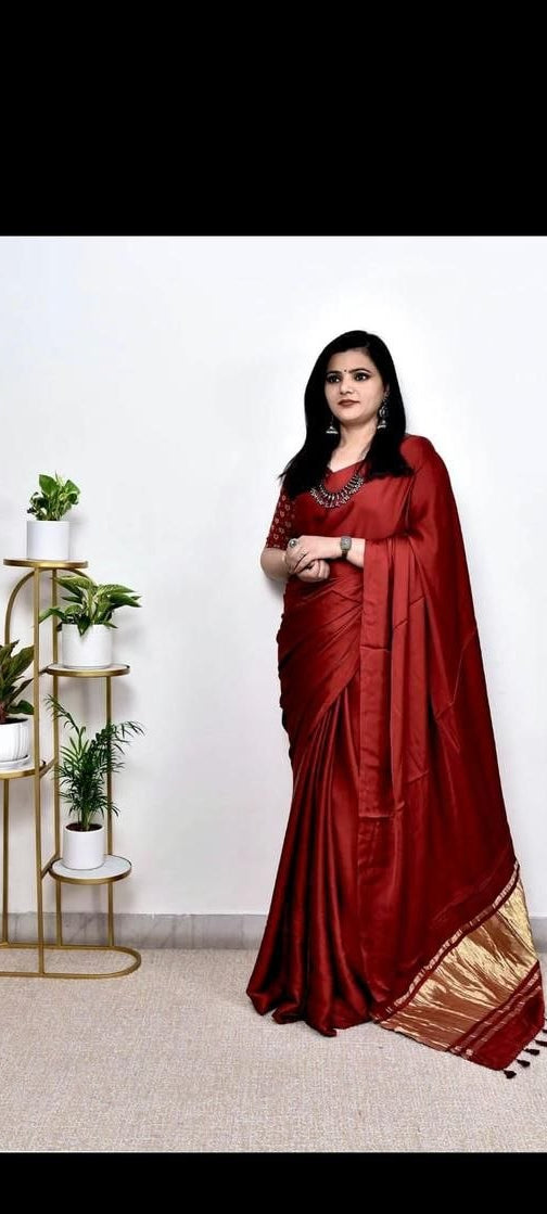 Elegant Satin Silk Saree with Golden Border – 5 Colors Available