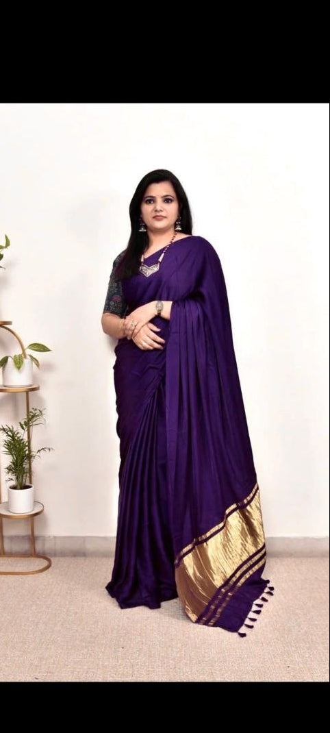 Elegant Satin Silk Saree with Golden Border – 5 Colors Available