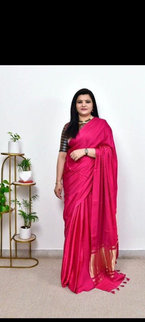 Elegant Satin Silk Saree with Golden Border – 5 Colors Available