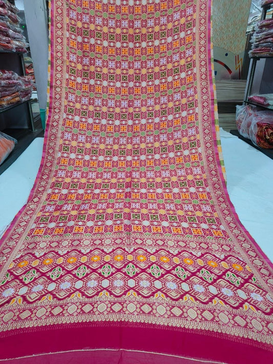 Authentic Rani Pink Gaji Silk Bandhani Dupatta with Banarasi Zari Border